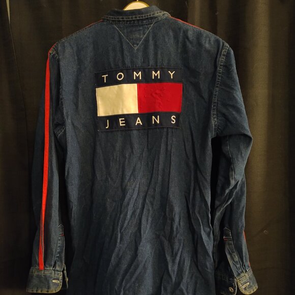 Tommy Hilfiger Vintage Mens XL Crew Denim Spell Out Logo Flag Jacket Jean Shirt - Picture 5 of 7